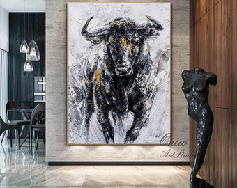 Abstract Bull Oil Painting on Canvas, Large Original Bull Canvas Wall Art, Modern Hand-painted Animal Painting for Living Room,Bedroom Decor