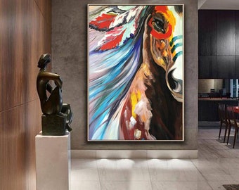 Gran pintura al óleo de caballos de colores sobre lienzo, arte de pared de lienzo de caballo abstracto original, pintura de animales moderna para la sala de estar, decoración del dormitorio