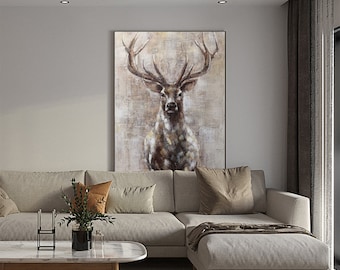 Large Abstract Deer Oil Painting on Canvas, Original Hand-painted Stag Canvas Wall Art, Modern Animal Painting for Living Room, Home Décor