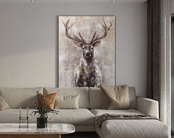 Large Abstract Deer Oil Painting on Canvas, Original and Hand-painted Stag Canvas Wall Art, Modern Animal Painting for Living Room Bedroom