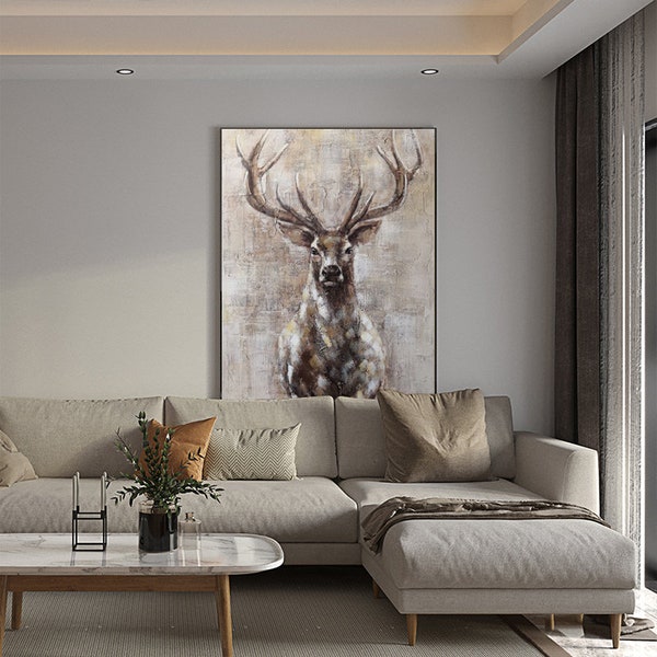 Großes abstraktes Ölgemälde auf Leinwand, Original und handgemalte Hirsch Leinwand Wandkunst, moderne Tiermalerei für Wohnzimmer Schlafzimmer