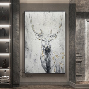 Large Abstract Deer Oil Painting on Canvas, Original Hand-painted Stag Canvas Wall Art, Modern Animal Painting for Living Room,Bedroom Décor