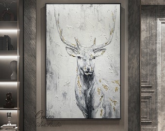 Gran pintura al óleo abstracta de ciervo sobre lienzo, arte mural original pintado a mano, pintura animal moderna para sala de estar y dormitorio.