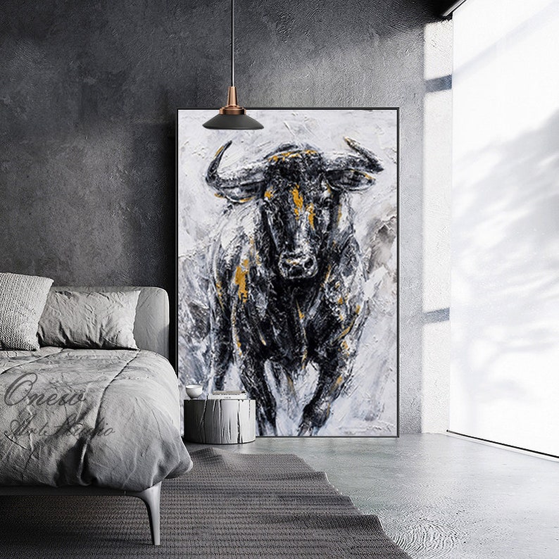Abstract Bull Oil Painting on Canvas, Large Original Bull Canvas Wall Art, Modern Hand-painted Animal Painting for Living Room,Bedroom Decor image 5