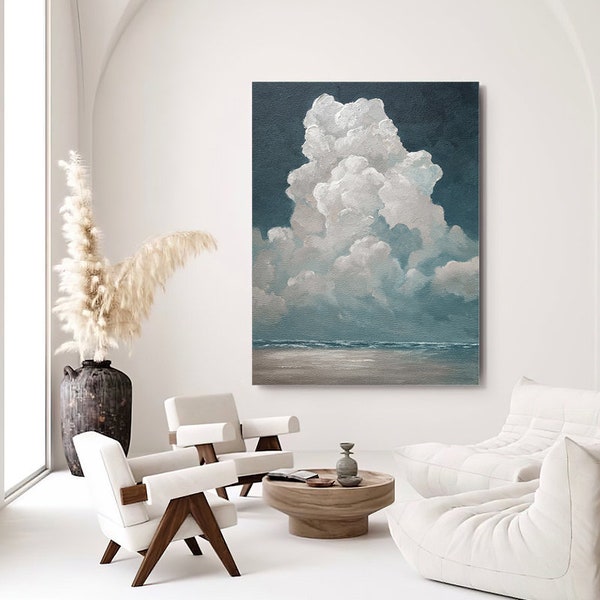 Large Abstract Clouds Oil Painting on Canvas, Original Landscape Canvas Wall Art, Modern Hand-painted Sky and Clouds Painting, Bedroom Decor