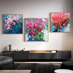 Impressionist Roses Oil Painting on Canvas, Large Abstract Flowers Canvas Wall Art, Modern Texutred Floral Wall Art for Living Room Bedroom