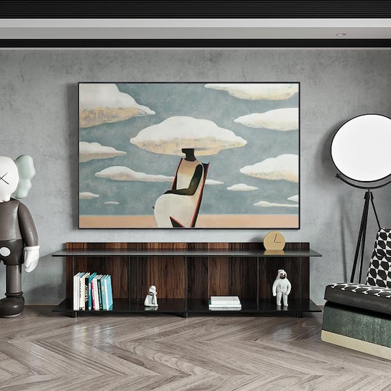 Large Abstract Black Woman Painting on Canvas, Original Beach and Clouds Canvas Wall Art, Modern Woman at Beach painting for Living Room