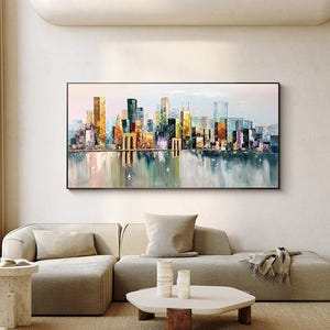 Grande dipinto a olio su tela raffigurante un paesaggio urbano di New York, originale dipinto su tela raffigurante il ponte di Brooklyn, dipinto moderno di Manhattan per il soggiorno.