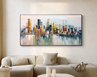 Duży abstrakcyjny obraz olejny na płótnie przedstawiający pejzaż Nowego Jorku, oryginalny obraz ścienny na płótnie przedstawiający most Brookliński, nowoczesny obraz Manhattan do salonu