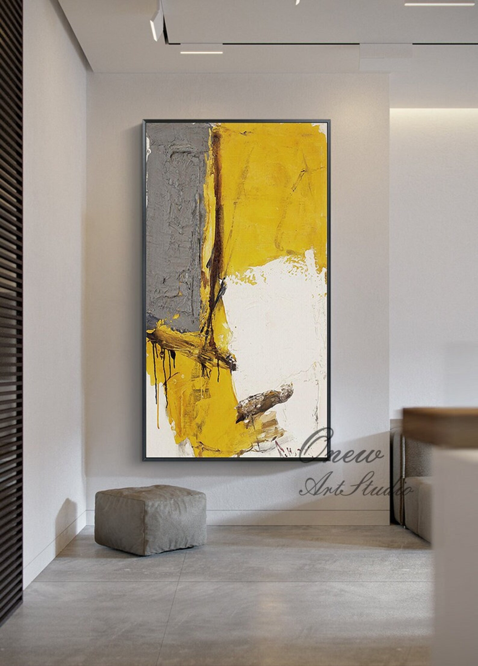Large Abstract Oil Painting on Canvas, Original Yellow Gray and White ...
