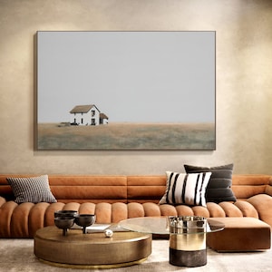 Abstract Landscape Oil Painting on Canvas, Original Wheat Field Meadow and Farmhouse Canvas Wall Art, Modern Countryside Art for Living Room