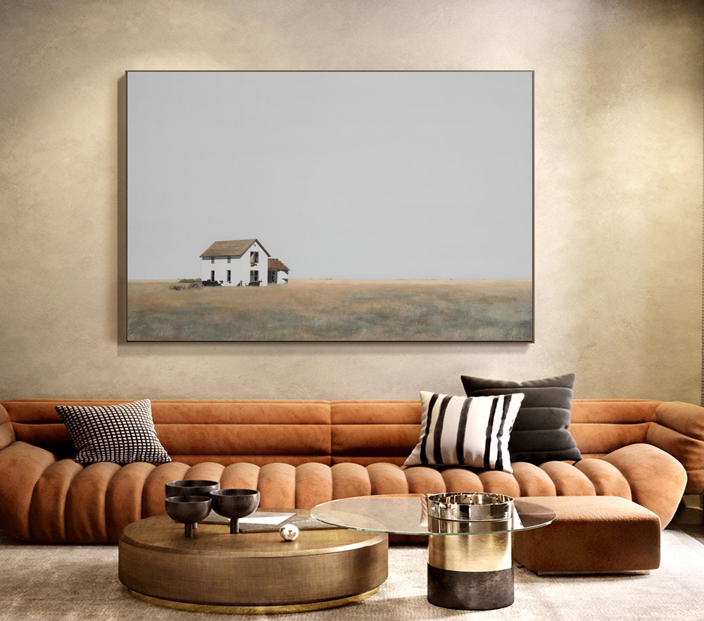 Dipinto a olio su tela di paesaggio astratto, originale dipinto su tela di campo di grano e fattoria, arte moderna di campagna per soggiorno