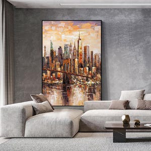 Original Brooklyn Bridge Leinwand Wandkunst, großes abstraktes New Yorker Stadtbild Ölgemälde auf Leinwand, moderne Manhattan Malerei für Wohnzimmer