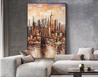 Oryginalny obraz ścienny na płótnie z Mostem Brooklińskim, duży abstrakcyjny pejzaż Nowego Jorku na płótnie, nowoczesny obraz Manhattan do salonu