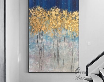 Abstraktes Baum-Leinwandbild – Goldgelber Herbstwald Im Retro-Rahmen, 61 X 40,6 Cm