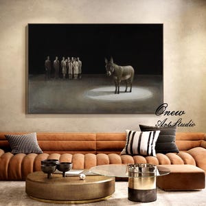 Classical Donkey Oil Painting on Canvas, Large Original Donkey Canvas Wall Art, Modern Hand-painted Animal Painting for Living Room