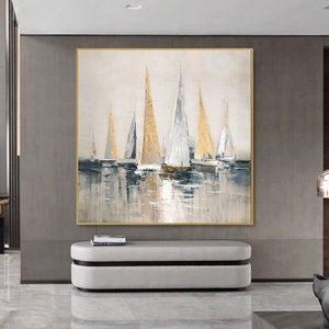 Gold and Silver Sailboats Canvas Wall Art, Large Abstract Seascape Oil Painting on Canvas, Original Modern Nautical Wall Art for Living Room