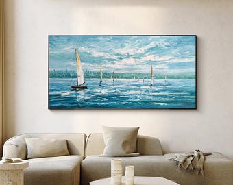 Abstract Seascape Oil Painting on Canvas, Large Original Sailboats Canvas Wall Art, Nautical Wall Art, Modern Ocean Wall Art for Living Room