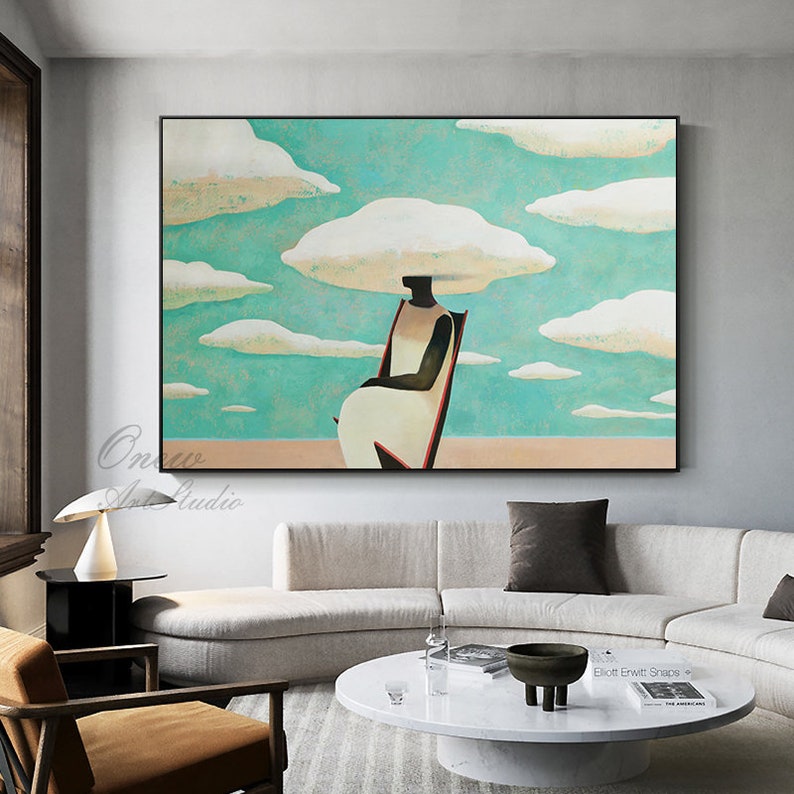 May include: Abstract painting of a person sitting on a chair with clouds above their head. The background is a light blue with white clouds. The person is wearing a white dress and has a black head.