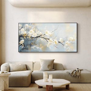 Large Abstract Flower Oil Painting on Canvas, Original Hand-painted White Flower Canvas Wall Art, Modern Floral Wall Art for Living Room