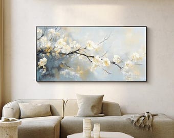 Large Abstract Flower Oil Painting on Canvas, Original Hand-painted White Flower Canvas Wall Art, Modern Floral Wall Art for Living Room