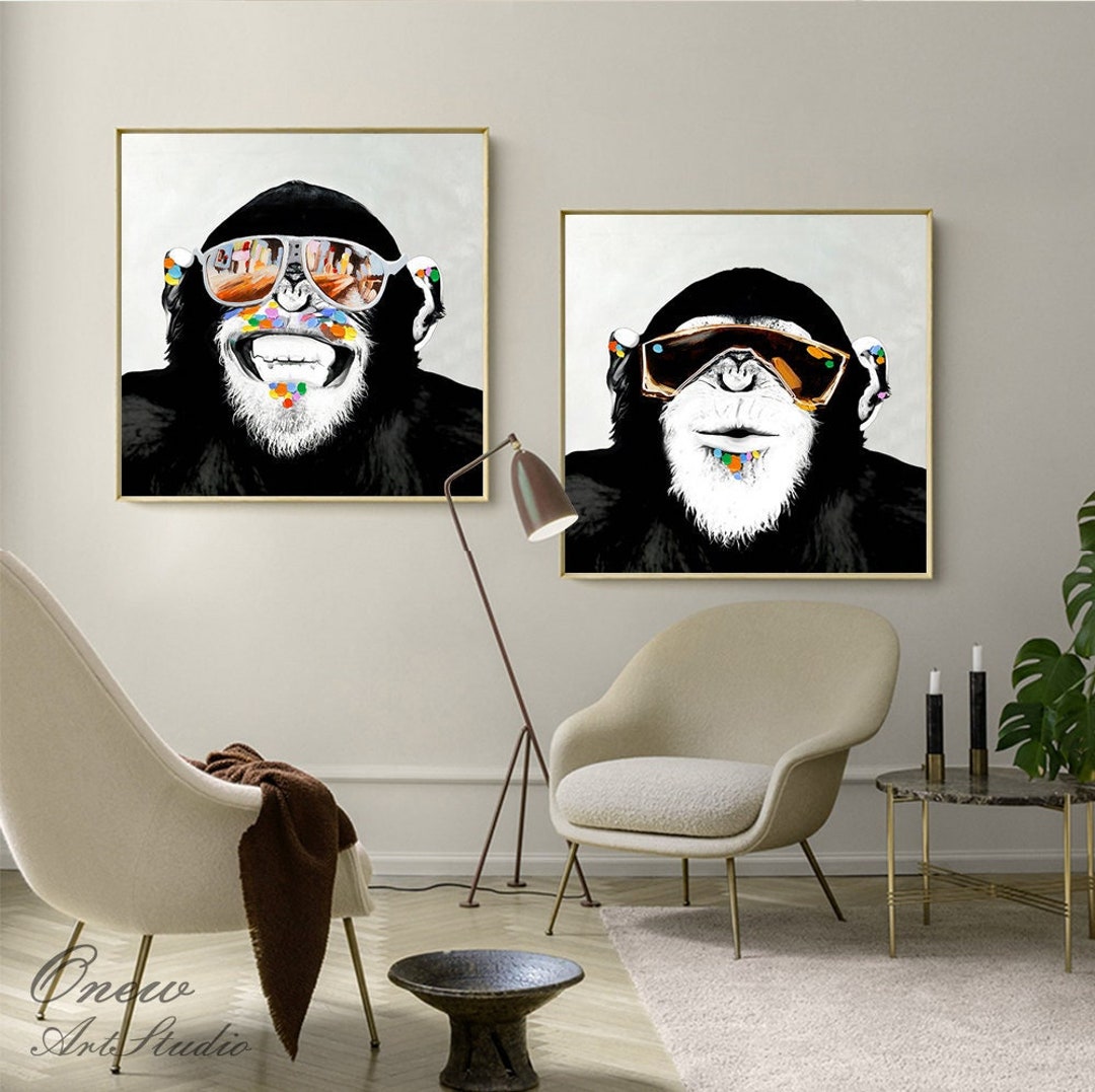 Abstract Monkey Oil Painting on Canvas, Large Original Monkey Canvas ...