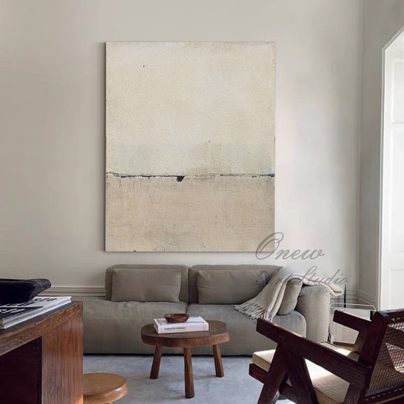 Arte da parete su tela extra large, pittura a olio astratta beige e nera, pittura acrilica originale su tela, arte minimalista moderna per camera da letto immagine 3