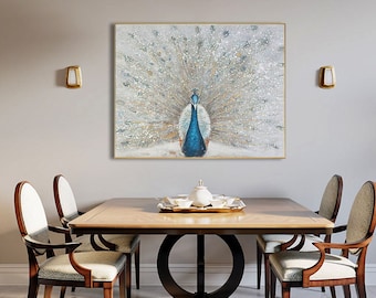 Handgeschilderde pauwolieverfschilderij op canvas, grote abstracte pauw canvas muurkunst, originele dieren muurkunst voor woonkamer, slaapkamerinrichting
