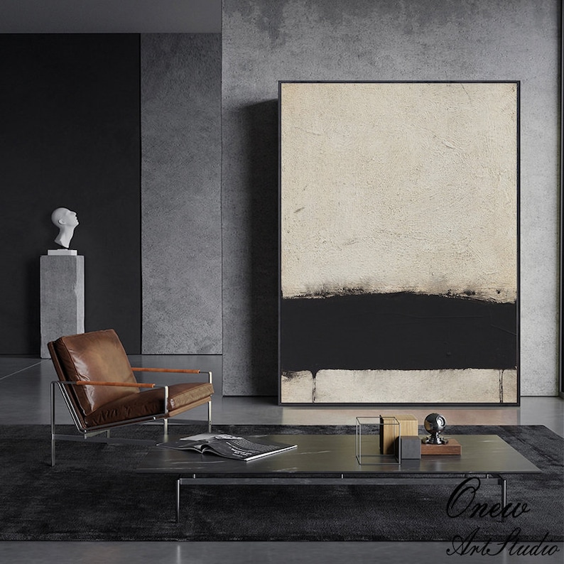 Extra Large Canvas Wall Art, Beige and Black Abstract Oil Painting, Original Acrylic Painting on Canvas, Modern Minimalist Art for Bedroom image 4