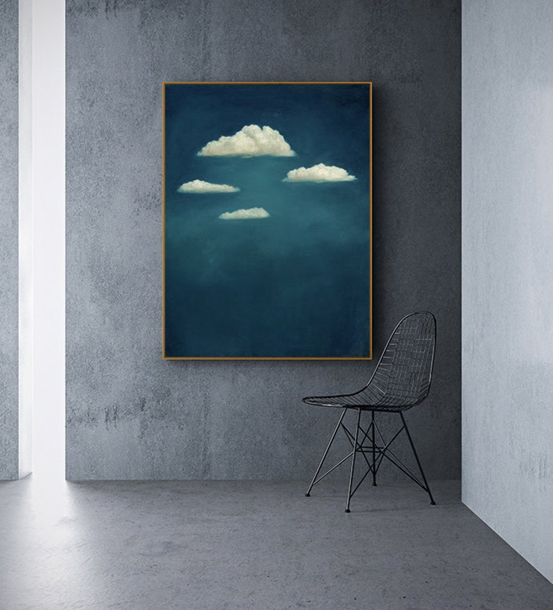 Abstract Cloud and Night Sky Oil Painting on Canvas, Original Blue and ...