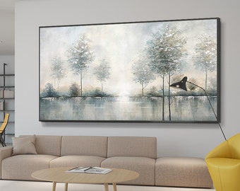 Dipinto a olio originale su tela con paesaggio, dipinto astratto di alberi e laghi, grande tela artistica da parete con foresta, arte moderna della natura per il soggiorno