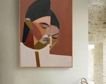 Large Abstract Lady Canvas Art, Hand-painted Woman Figure Oil Painting on Canvas, Modern Beige and Red Art for Living Room, Home Décor