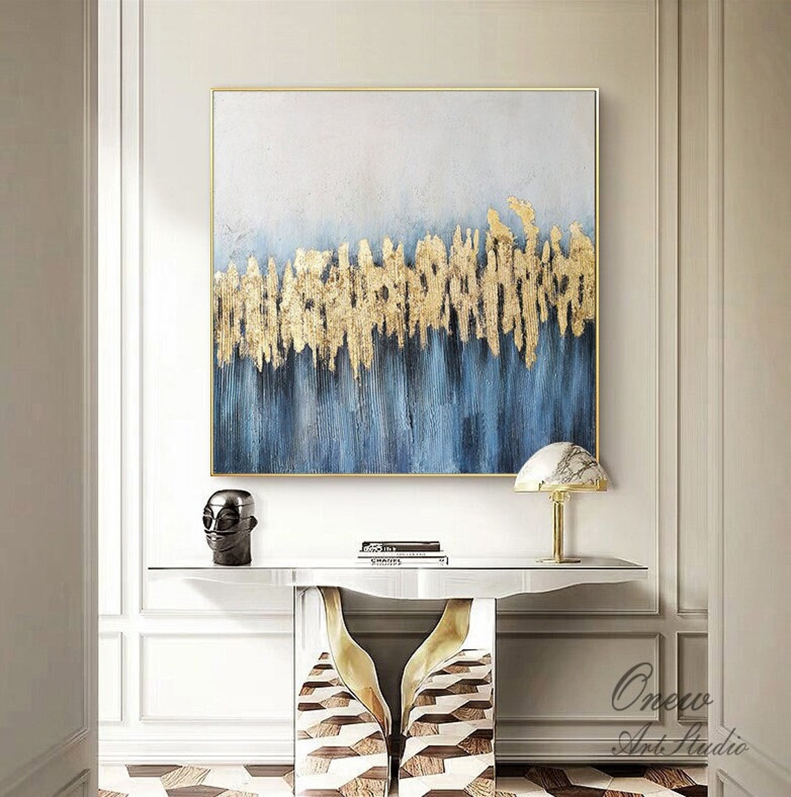 Blue and Gold Abstract Oil Painting on Canvas Large Original Etsy