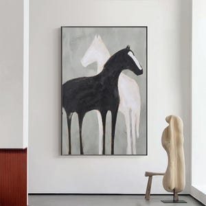 Abstract Black and White Horse Oil Painting on Canvas, Large Original Horses Canvas Wall Art, Modern Animal Wall Art for Living Room Bedroom