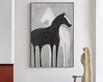 Abstract Black and White Horse Oil Painting on Canvas, Large Original Horses Canvas Wall Art, Modern Animal Wall Art for Living Room Bedroom
