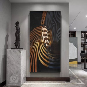 Pintura abstrata colorida de zebra em óleo sobre tela, grande arte de parede em tela original de zebra, pintura de animal pintada à mão para sala de estar, quarto infantil