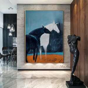 Abstract Black and White Horse Oil Painting on Canvas, Large Original Horses Canvas Wall Art, Modern Animal Wall Art for Living Room Bedroom