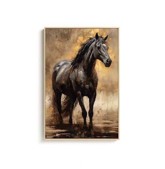 キャンバスに描かれた大きな印象派の馬の油絵、オリジナルの黒い馬の 