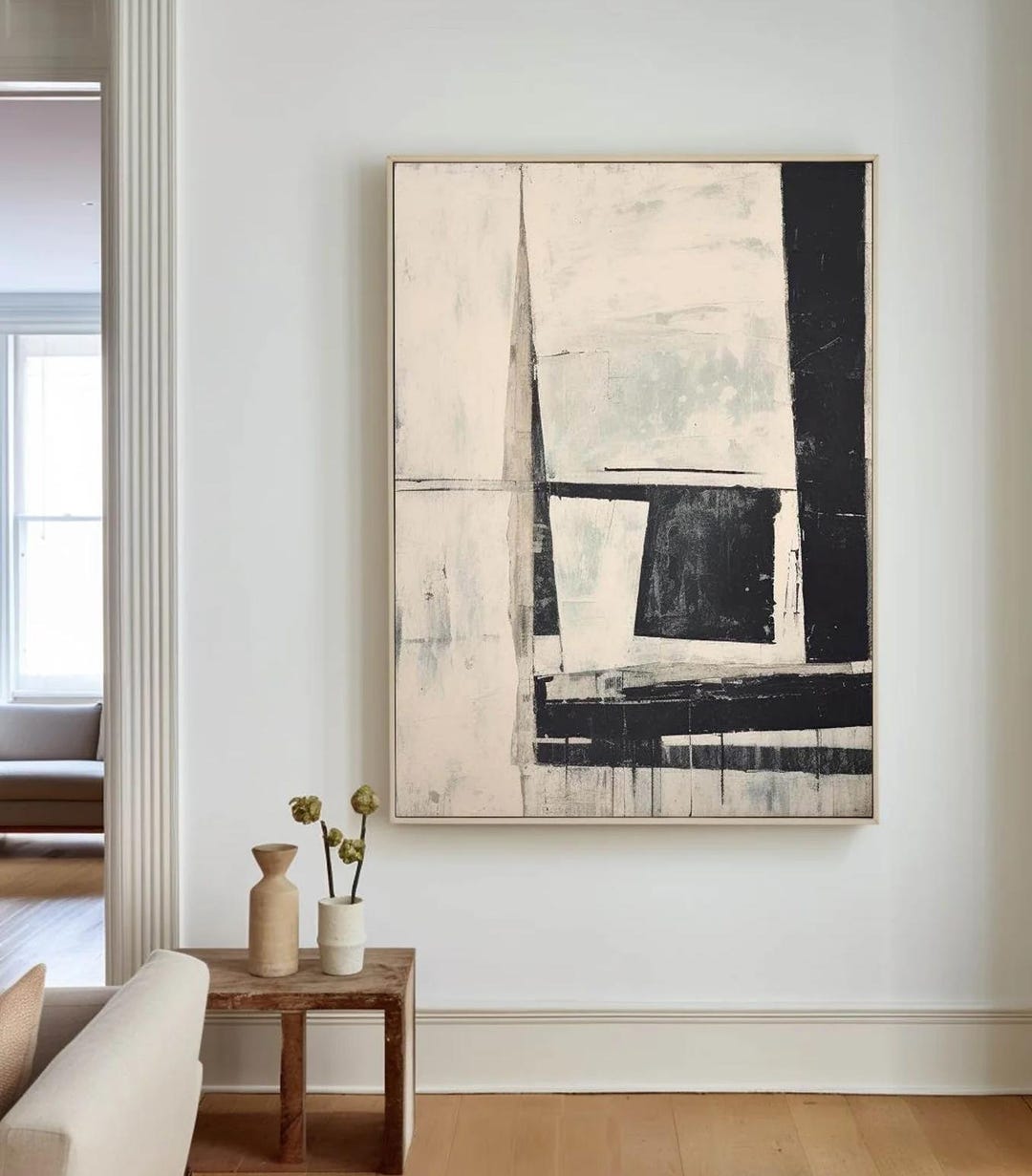 Black and White Abstract Oil Painting, Original Neutral Geometric ...