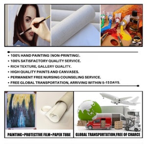 May include: A painting on canvas with a woman's face in the center. The painting is rolled up and ready to be shipped in a tube. The image also shows a globe, an airplane, and a truck, representing global shipping. The text on the image reads: "100% HAND PAINTING (NON-PRINTING). 100% SATISFACTORY QUALITY SERVICE. RICH TEXTURE, GALLERY QUALITY. HIGH QUALITY PAINTS AND CANVASES. PERMANENT FREE NURSING COUNSELING SERVICE. FREE GLOBAL TRANSPORTATION, ARRIVING WITHIN 5-15 DAYS. PAINTING+PROTECTIVE FILM+PAPER TUBE GLOBAL TRANSPORTATION, FREE OF CHARCE"