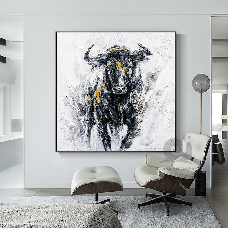 Abstract Bull Oil Painting on Canvas, Large Original Bull Canvas Wall ...
