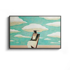 May include: A painting of a person sitting in a chair with a large white cloud over their head. The background is a blue sky with white clouds.
