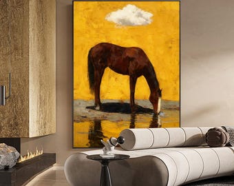Impressionist Horse Oil Painting on Canvas, Original Chestnut Horse at Water's Edge Canvas Wall Art, Modern Animal Wall Art for Living Room