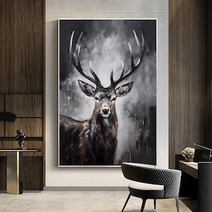 Large Abstract Deer Oil Painting on Canvas, Original Hand-painted Stag Canvas Wall Art, Modern Animal Painting for Living Room, Home Décor