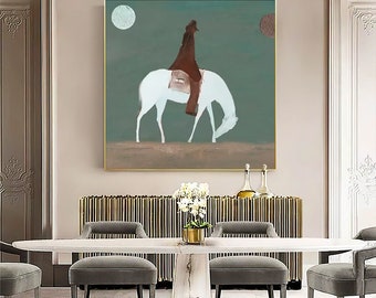 Abstract Horse Riding Oil Painting on Canvas, Original White Horse at Moonlit Night Canvas Art, Abstract Cowboy Wall Art for Living Room