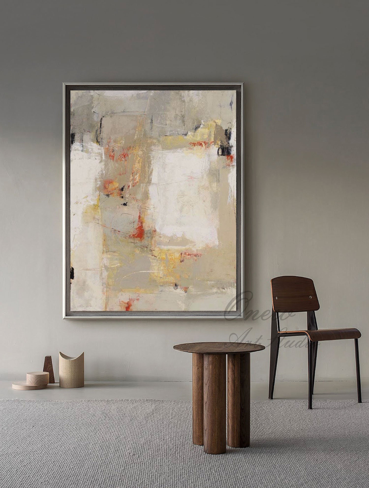 Large Abstract Oil Painting on Canvas, Original Beige and Grey Canvas ...