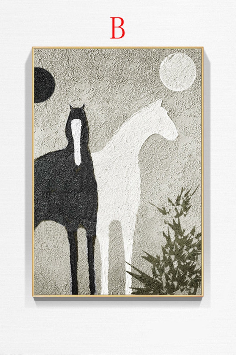 Abstract Black and White Horses Oil Painting on Canvas, Large Original ...