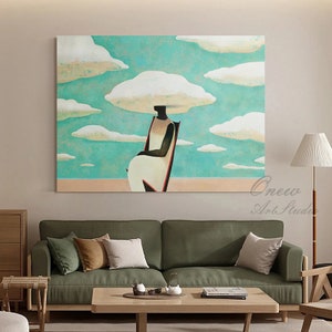 May include: Abstract painting of a person sitting on a chair with a large white cloud over their head. The background is a light blue with white clouds.