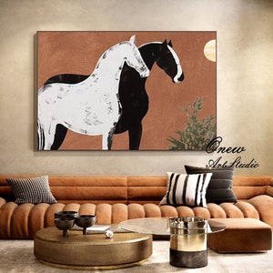 Pintura al óleo abstracta de caballos en blanco y negro sobre lienzo, gran lienzo original de caballo, pintura moderna de animales para sala de estar y dormitorio.