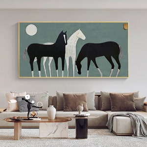 Abstract White and Black Horses oil painting on Canvas, Large Original Horse Canvas Wall Art, Modern Animal Painting for Living Room Bedroom